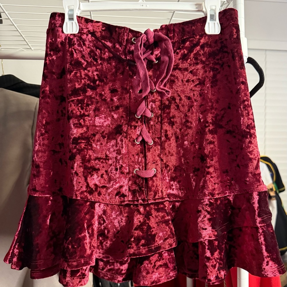 Bear Dance Velvet Lace-Up Mini Skirt in Deep Red - Picture 3 of 6